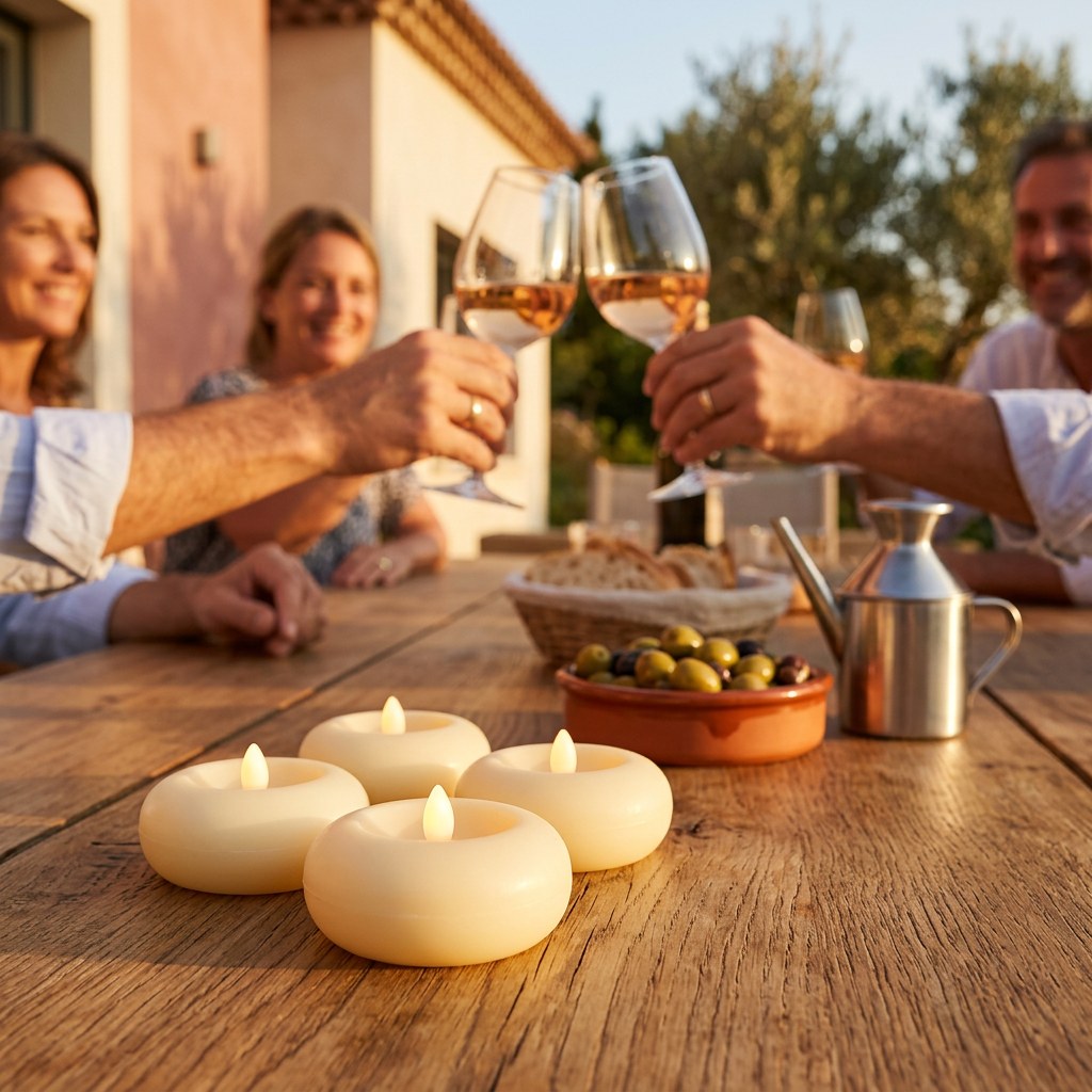 Les bougies LED flottantes au premier plan sur une table de terrasse