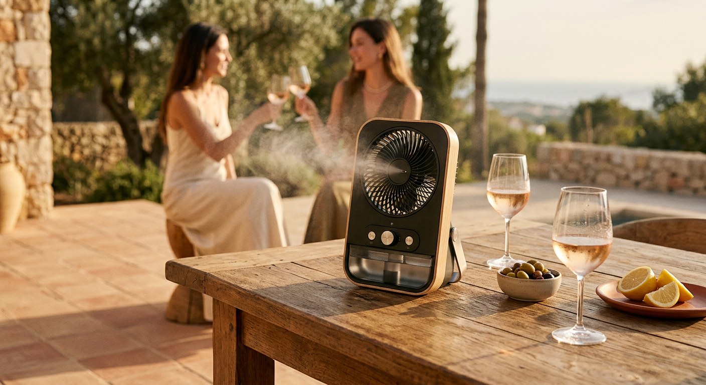 Le brumisateur de table au premier plan sur une table de terrasse
