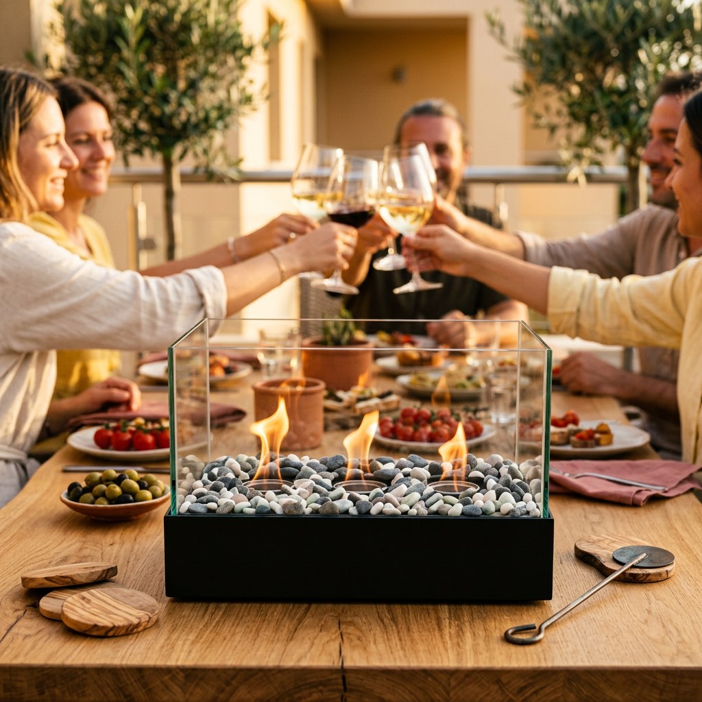 La cheminée 3 flammes au premier plan sur une table de terrasse