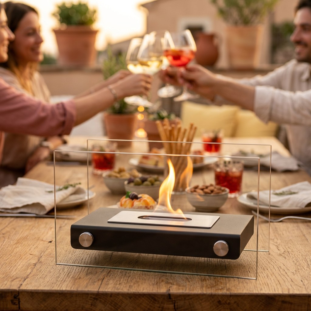 La cheminée verre haut au premier plan sur une table de terrasse