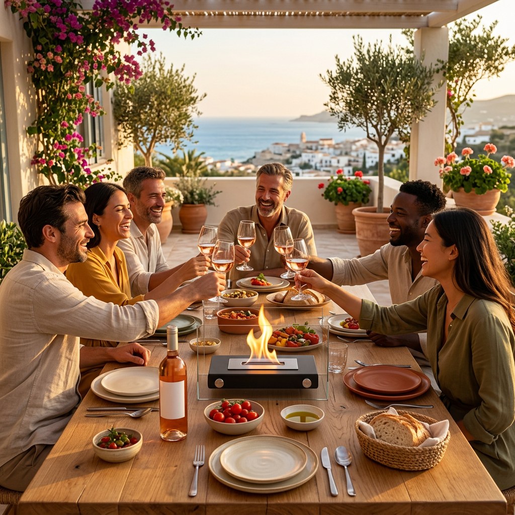 Tablée en terrasse avec La cheminée verre haut