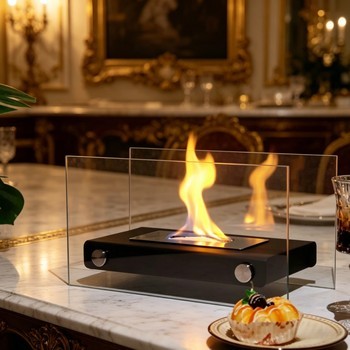 La cheminée verre haut — La flamme sous vitrine.