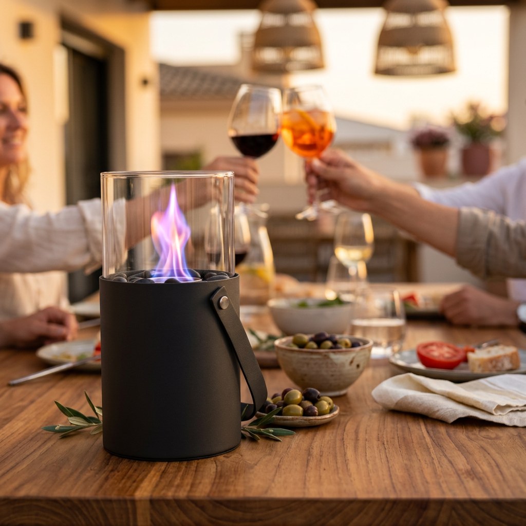 La cheminée cylindrique au premier plan sur une table de terrasse