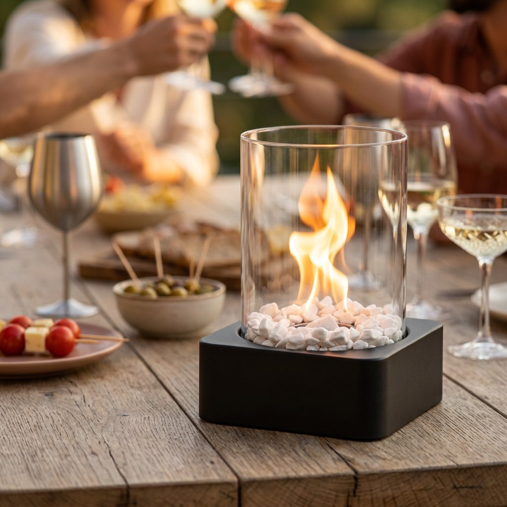 La cheminée galets & verre au premier plan sur une table de terrasse