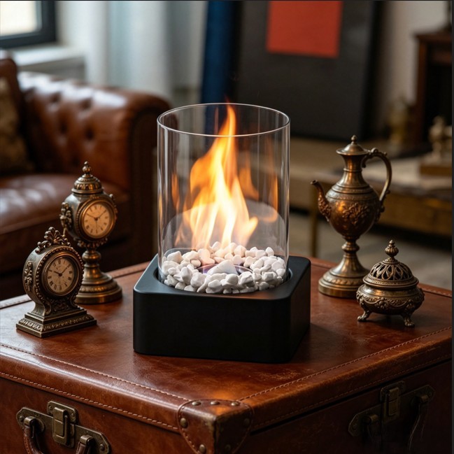 La cheminée galets & verre — Le feu, version table basse.