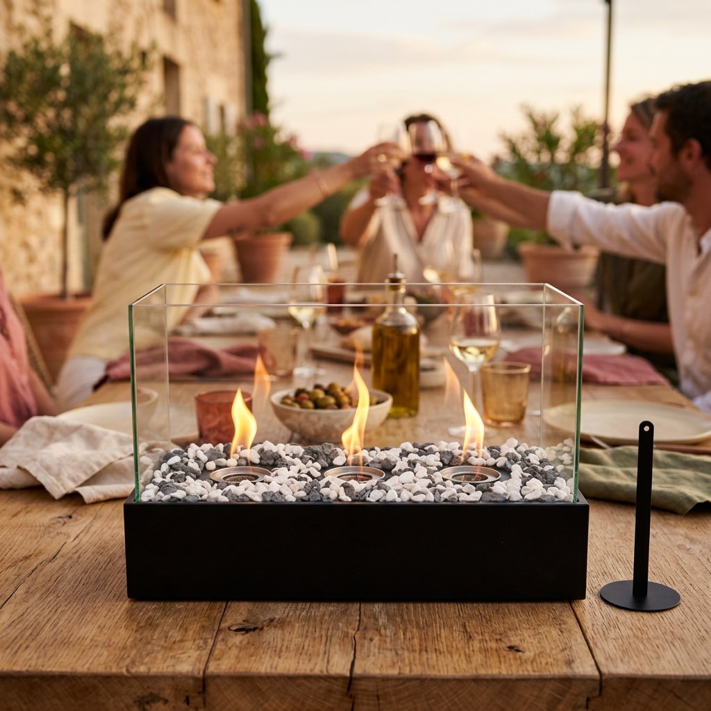 La cheminée rectangle au premier plan sur une table de terrasse