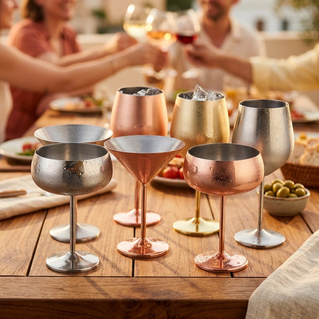 La coupe à champagne inox au premier plan sur une table de terrasse