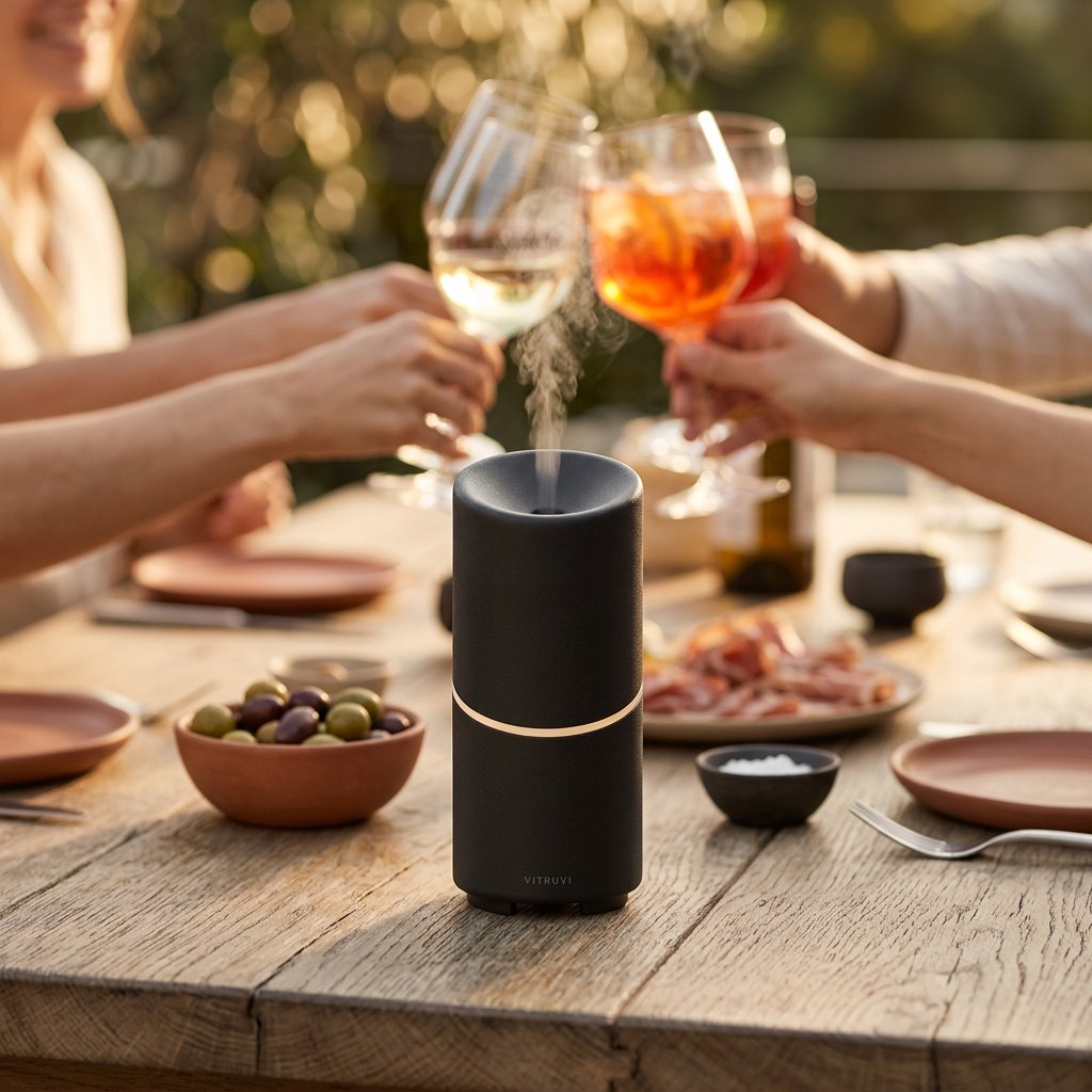 Le diffuseur céramique sans fil au premier plan sur une table de terrasse
