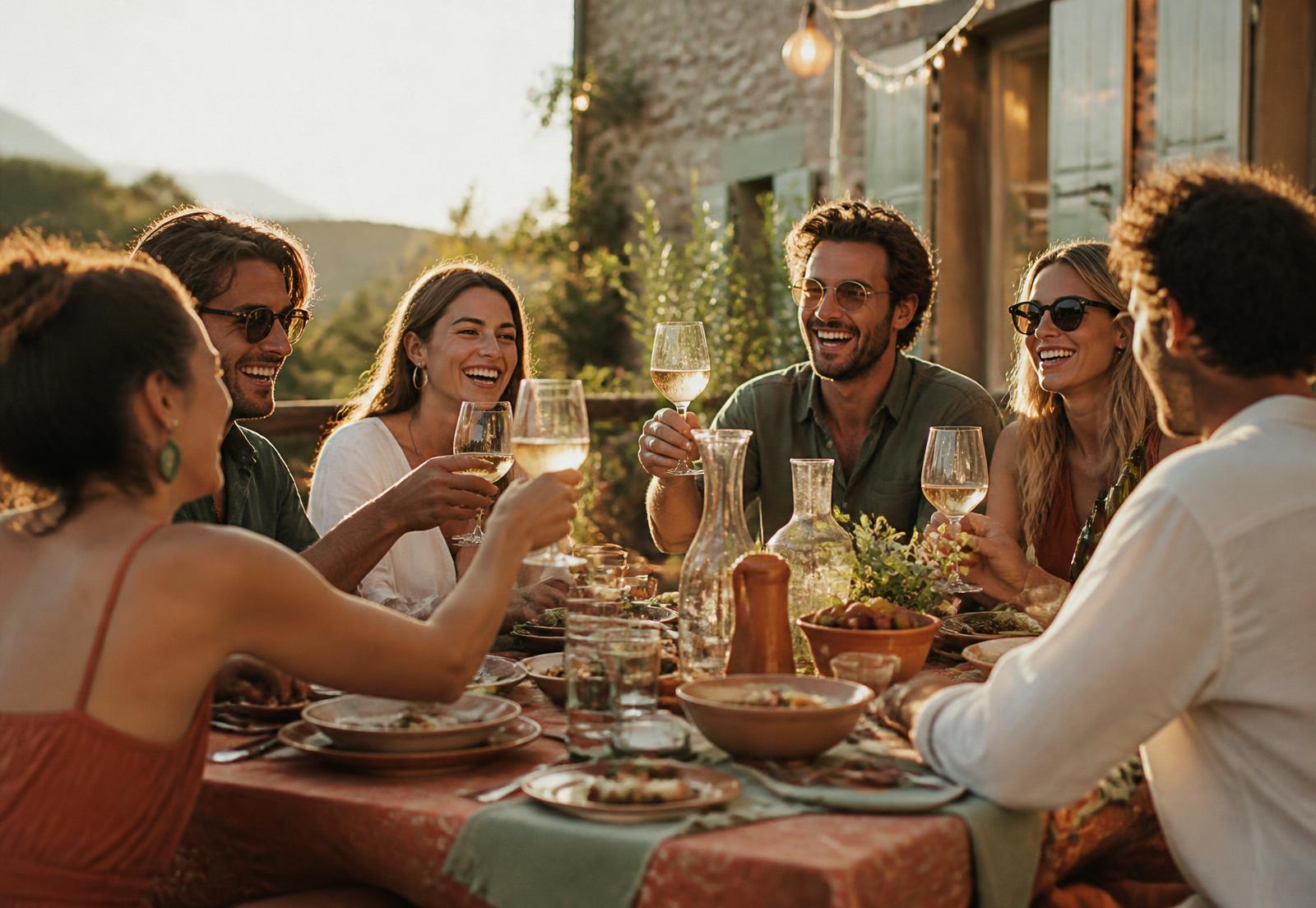 Amis attablés en terrasse à 18h30, verres levés dans la lumière dorée