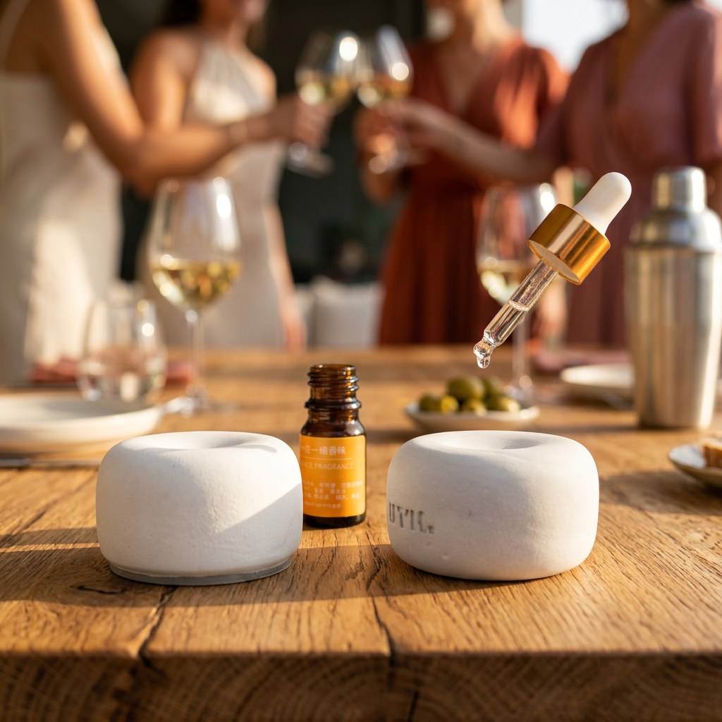 Le galet parfumé au premier plan sur une table de terrasse