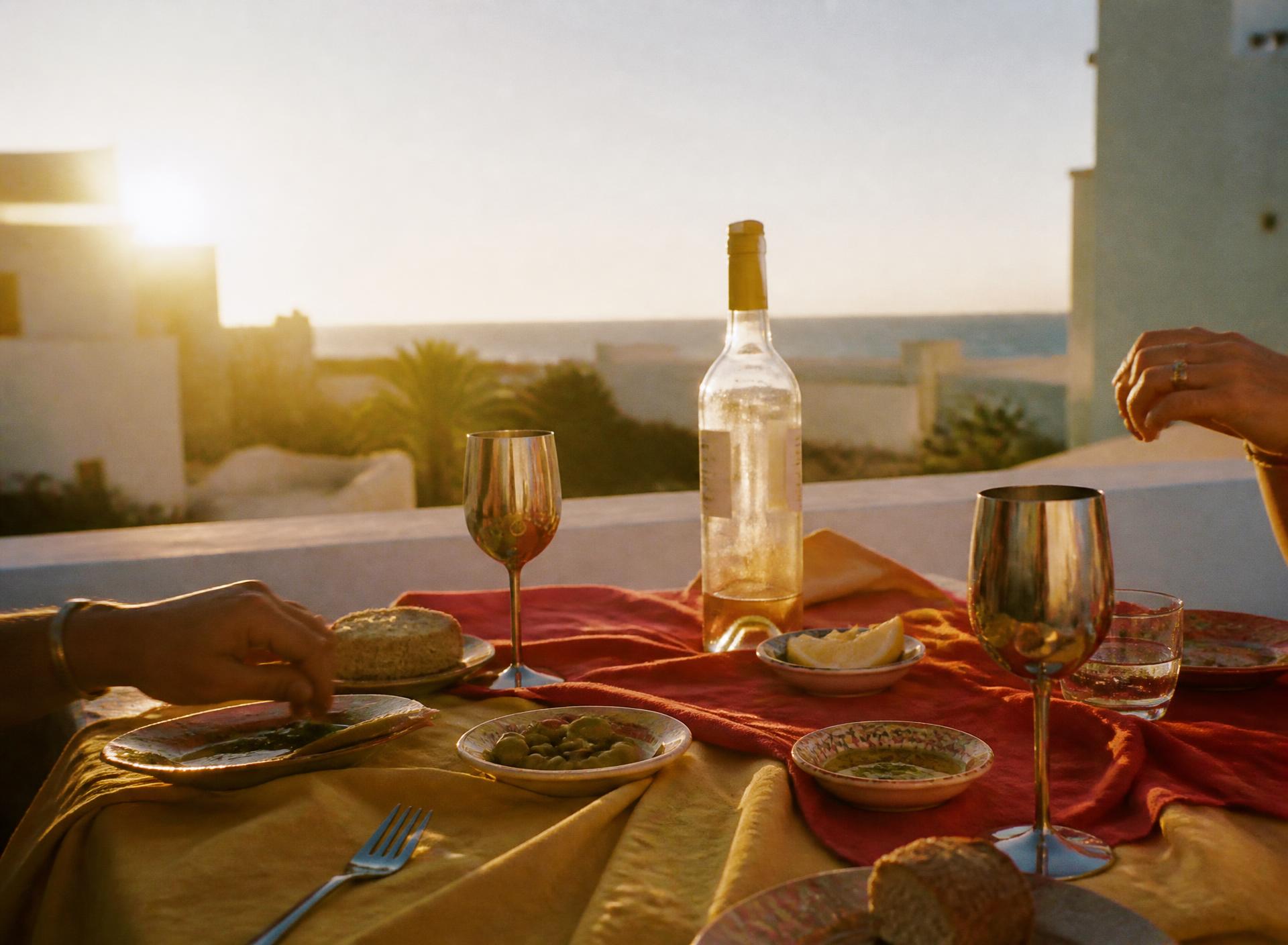 Table d'apéro en terrasse au coucher du soleil, lin coloré, verres en inox et bouteille fraîche