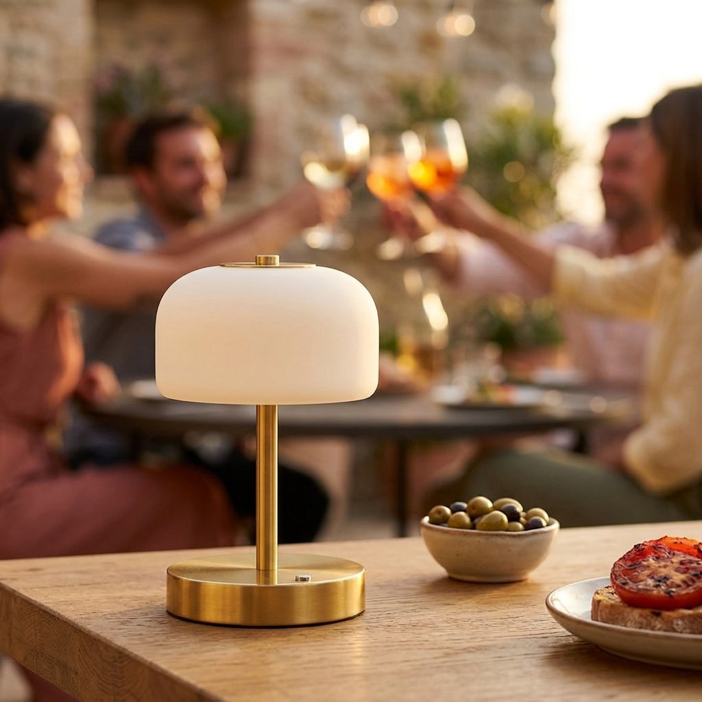 La lampe champignon colorée au premier plan sur une table de terrasse