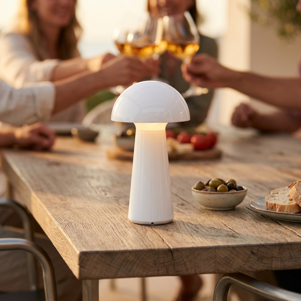 La petite lampe champignon au premier plan sur une table de terrasse