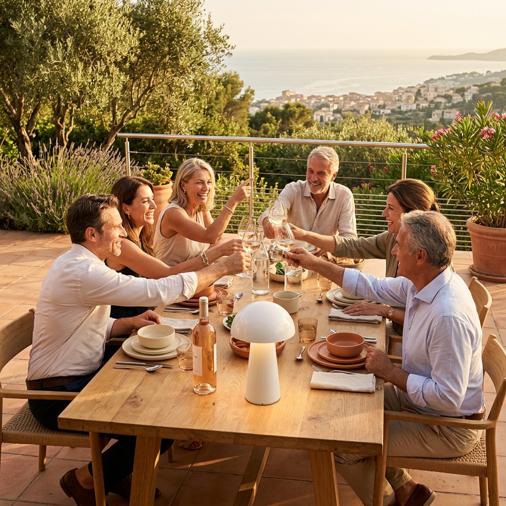 Tablée en terrasse avec La petite lampe champignon