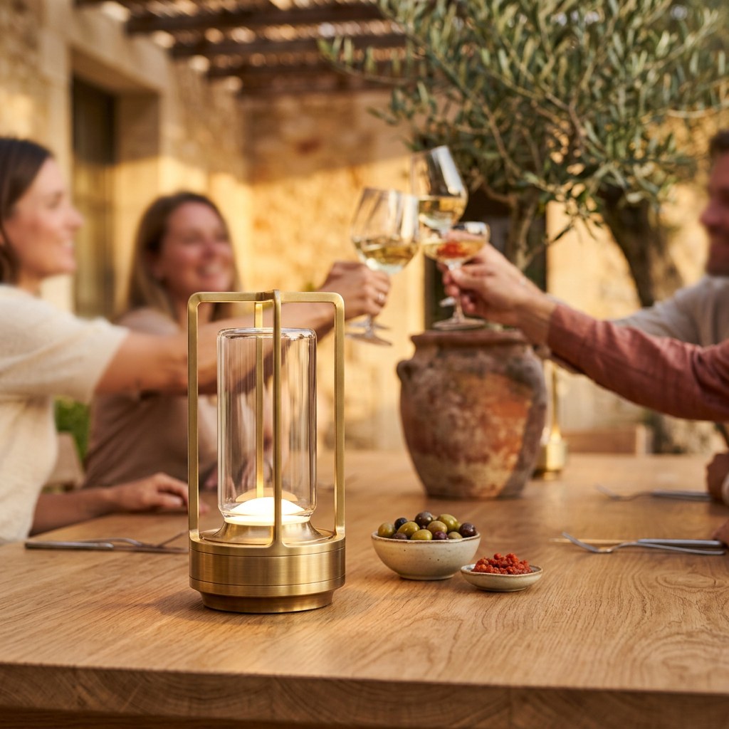 La lampe cylindrique dorée au premier plan sur une table de terrasse