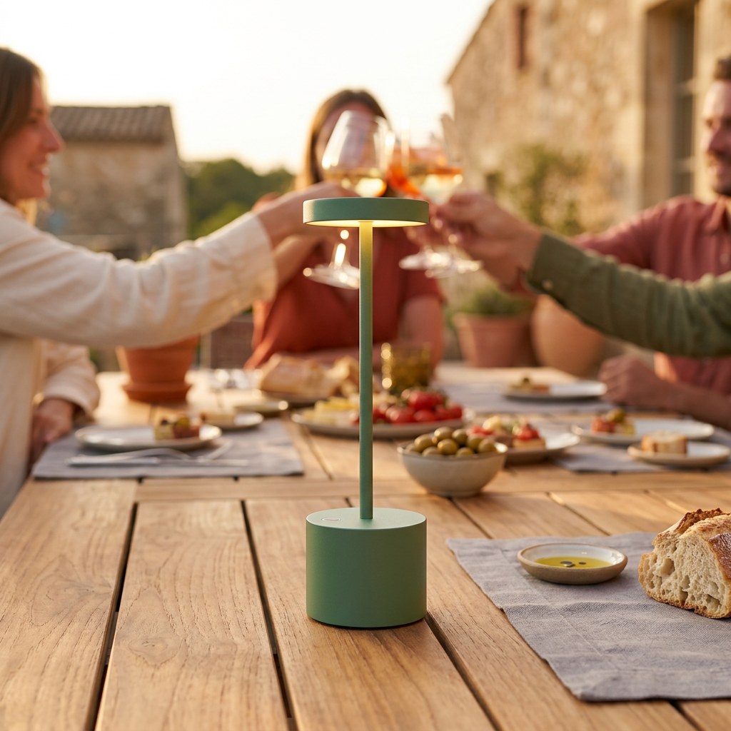 La lampe haute restaurant au premier plan sur une table de terrasse