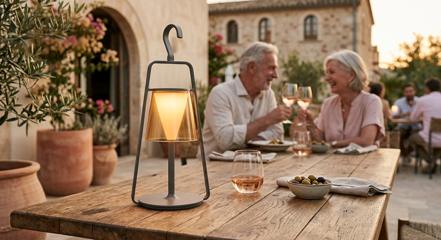 La lampe outdoor dimmable au premier plan sur une table de terrasse