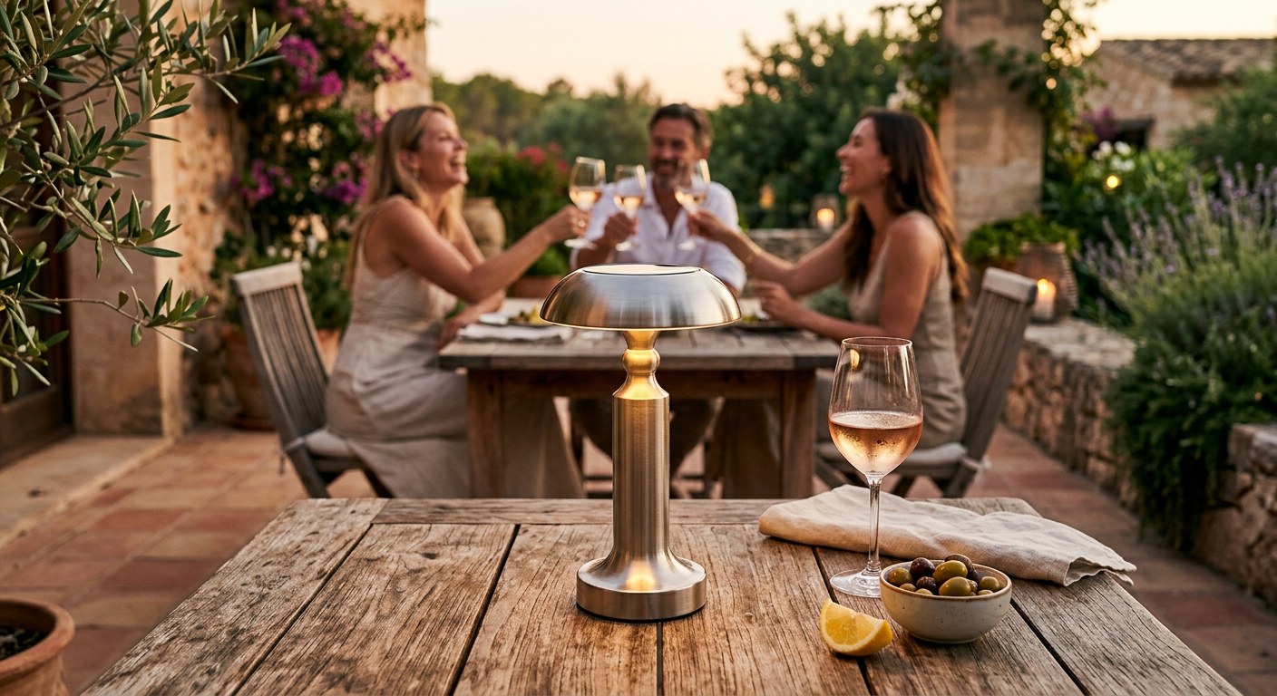 La lampe solaire inox au premier plan sur une table de terrasse