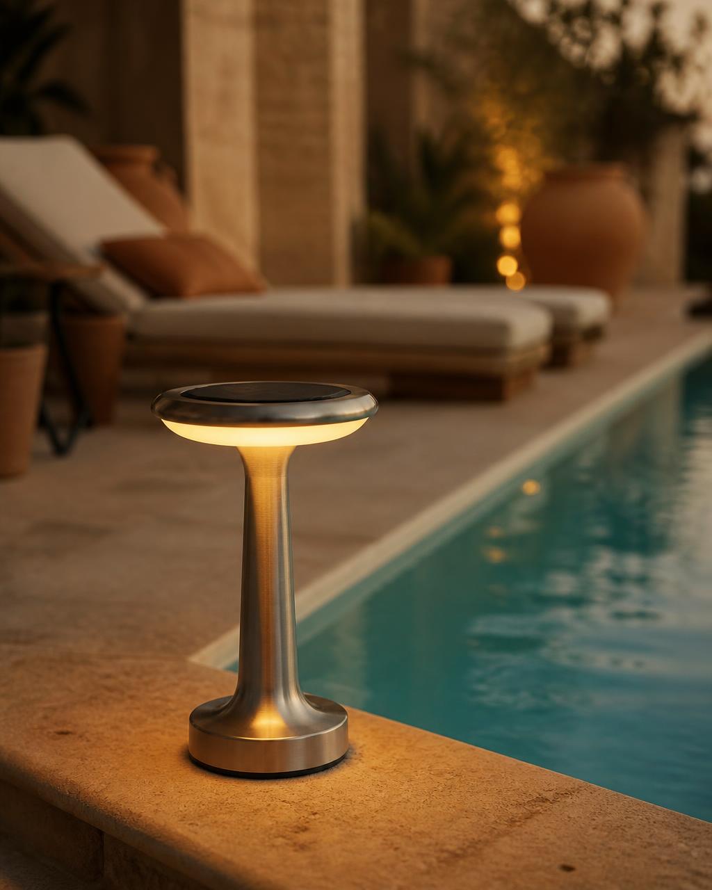 La lampe solaire inox au bord de la piscine