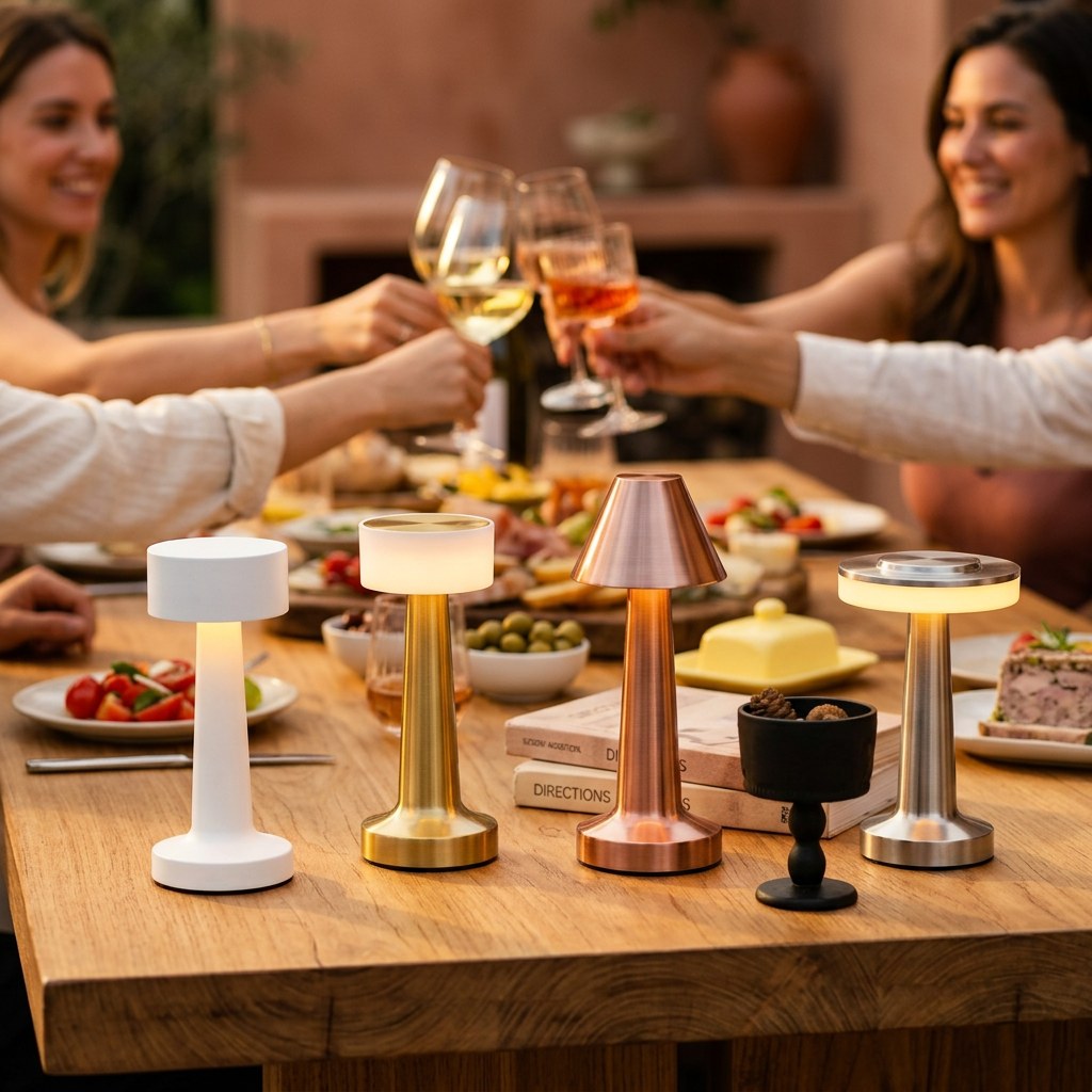 La lampe de table aluminium au premier plan sur une table de terrasse