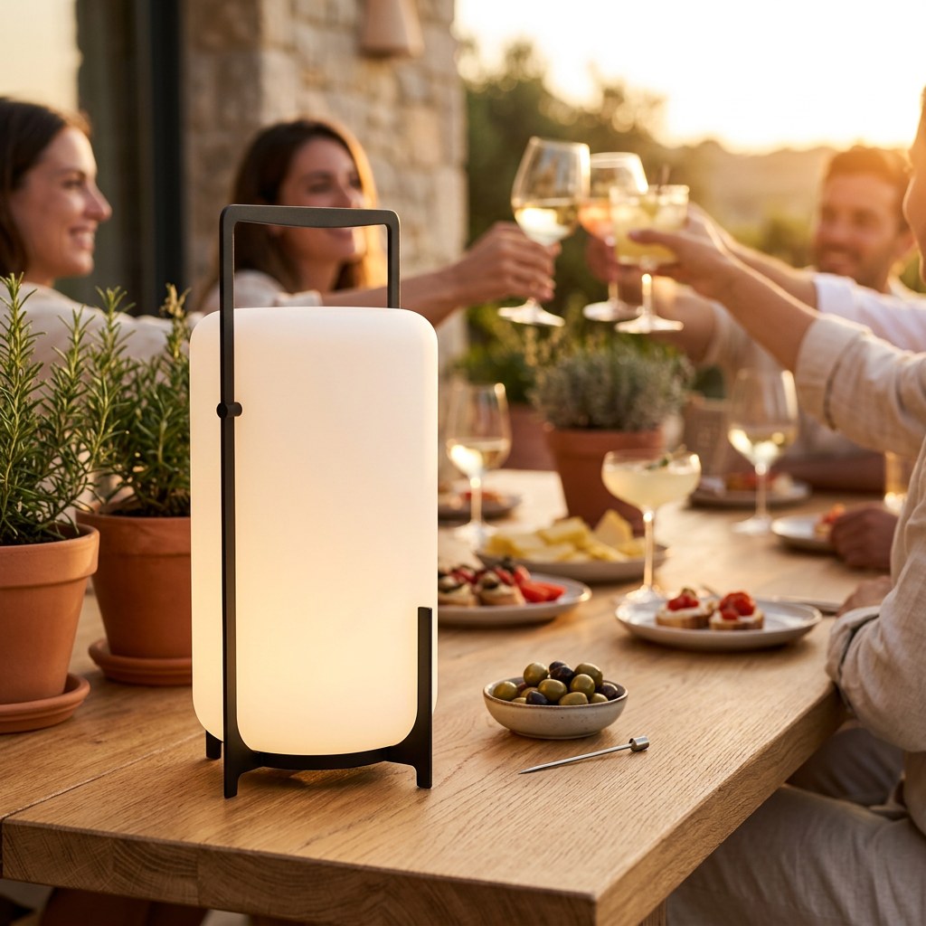 La lampe en verre opalin au premier plan sur une table de terrasse