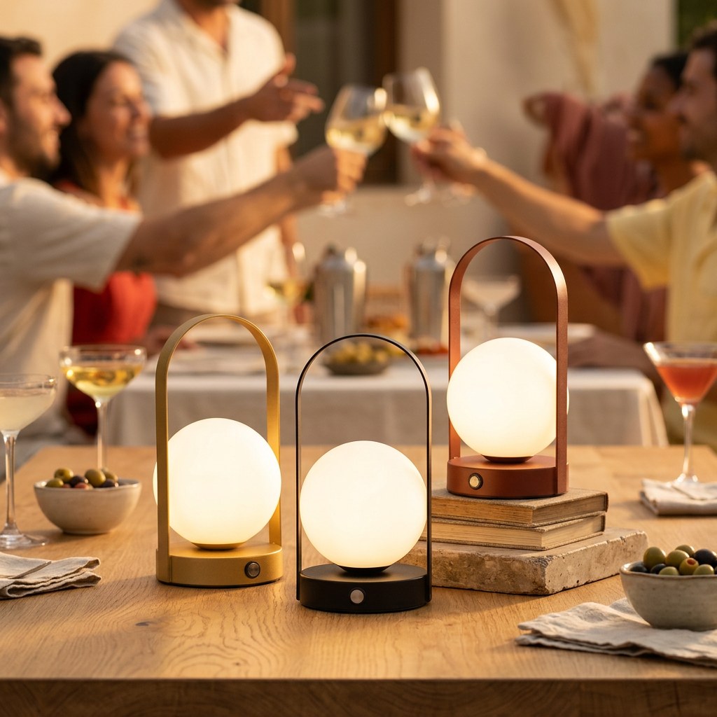 La lanterne solaire globe au premier plan sur une table de terrasse