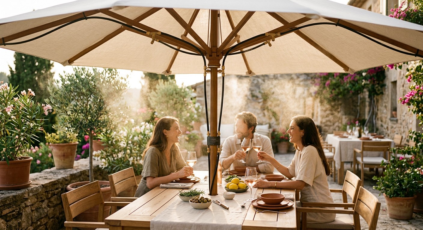 La micro-brumisation parasol au premier plan sur une table de terrasse