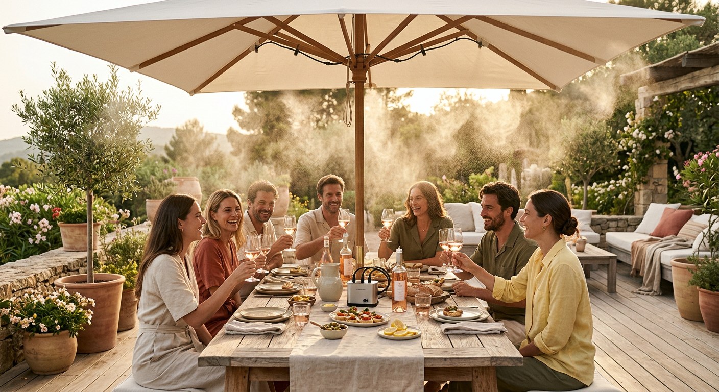 Tablée en terrasse avec La micro-brumisation parasol