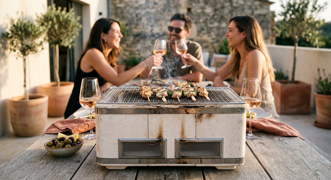 Le mini-grill japonais au premier plan sur une table de terrasse