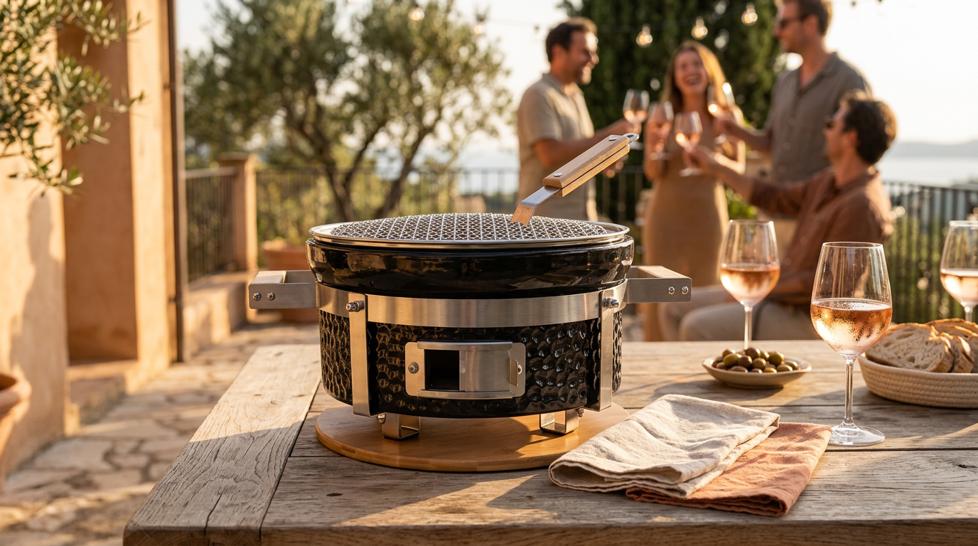 Le mini hibachi céramique au premier plan sur une table de terrasse