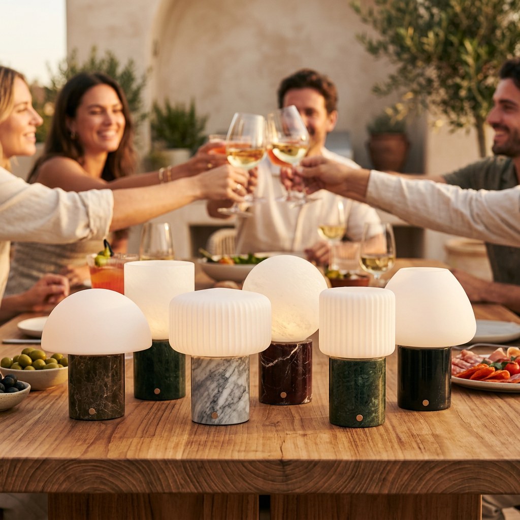 La mini lampe marbre au premier plan sur une table de terrasse