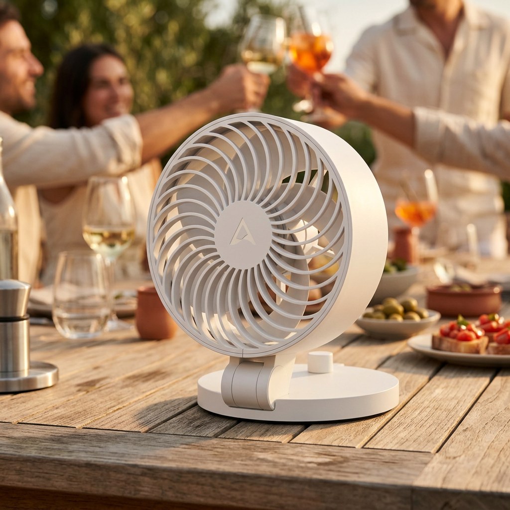 Le mini ventilateur au premier plan sur une table de terrasse