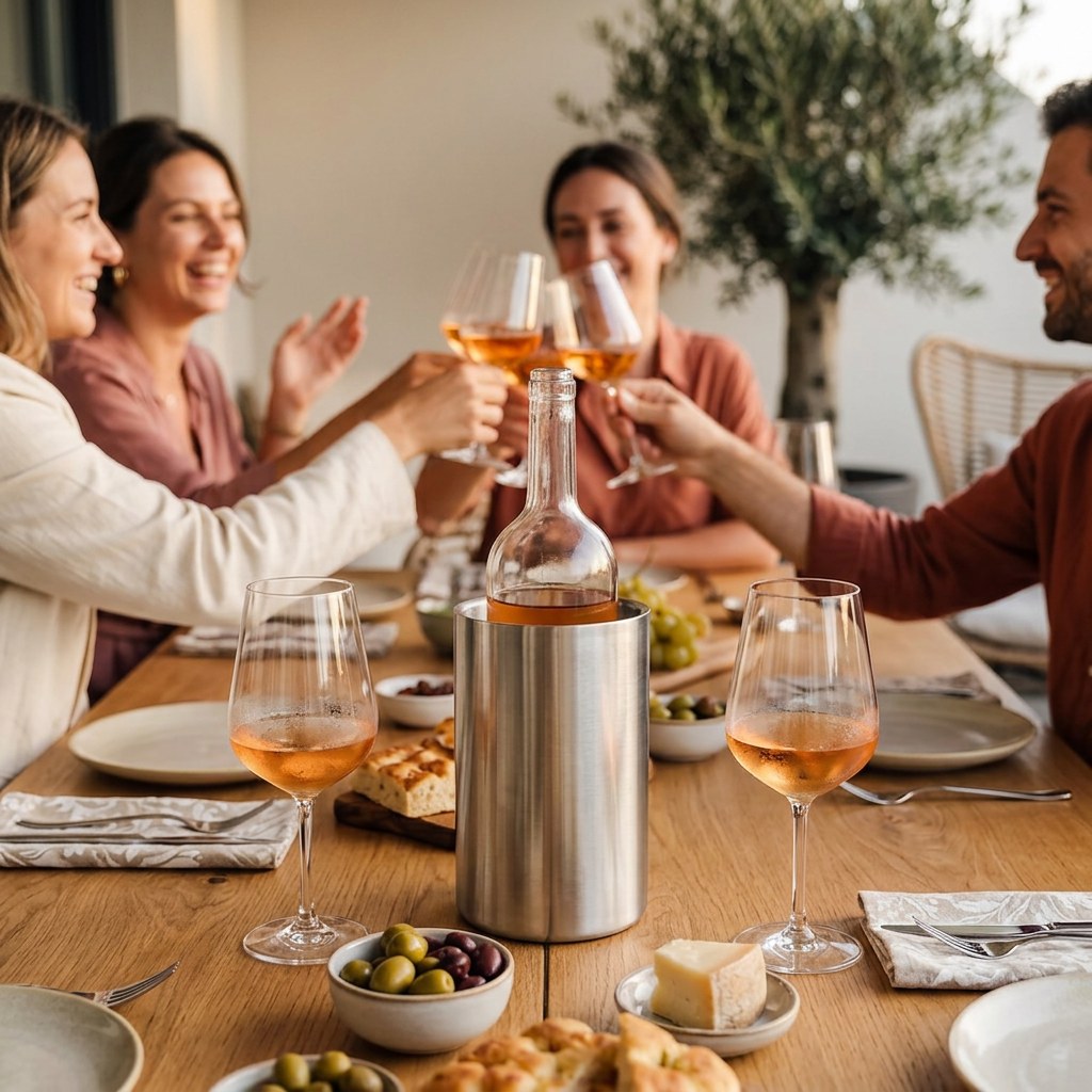 Le rafraîchisseur double paroi au premier plan sur une table de terrasse