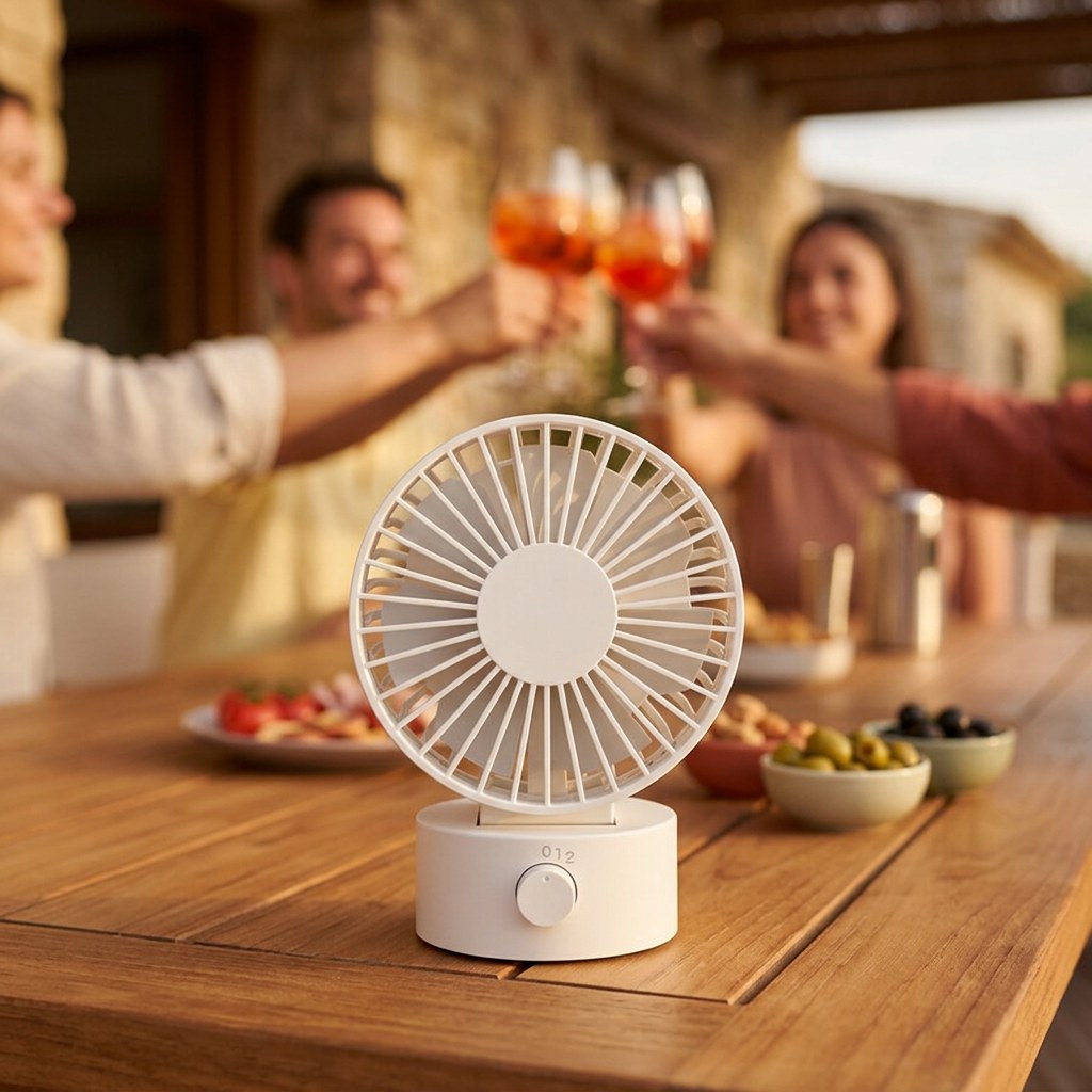Le ventilateur base céramique au premier plan sur une table de terrasse
