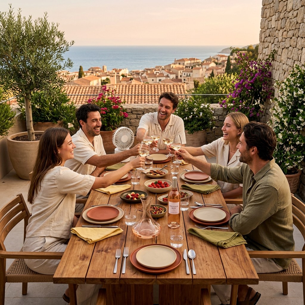 Tablée en terrasse avec Le ventilateur base céramique