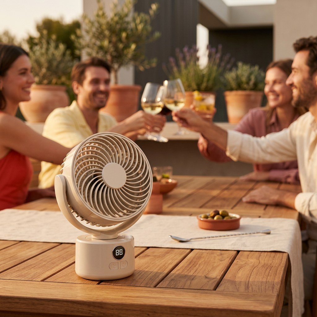 Le ventilateur beige minimaliste au premier plan sur une table de terrasse