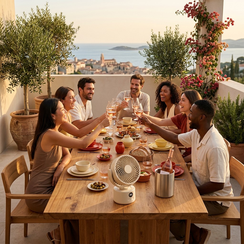 Tablée en terrasse avec Le ventilateur beige minimaliste