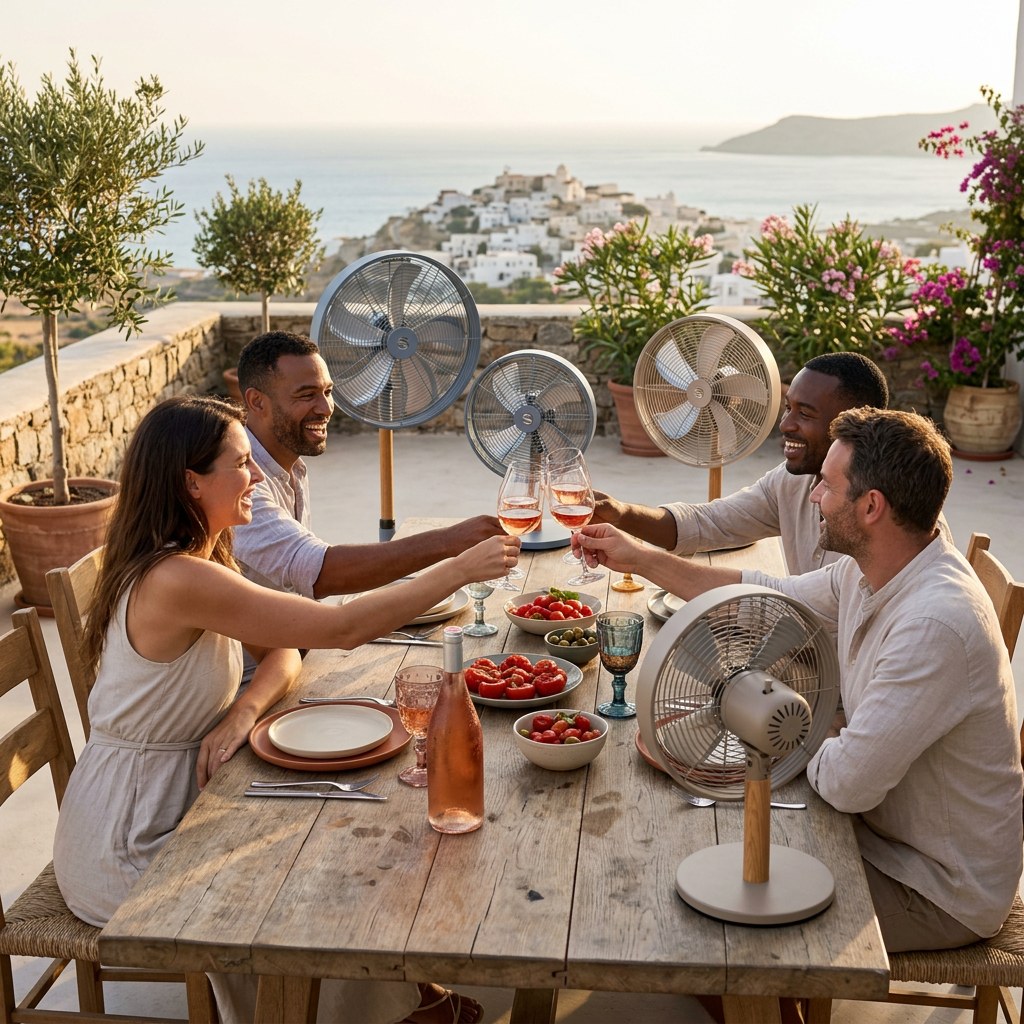 Tablée en terrasse avec Le ventilateur bois clair