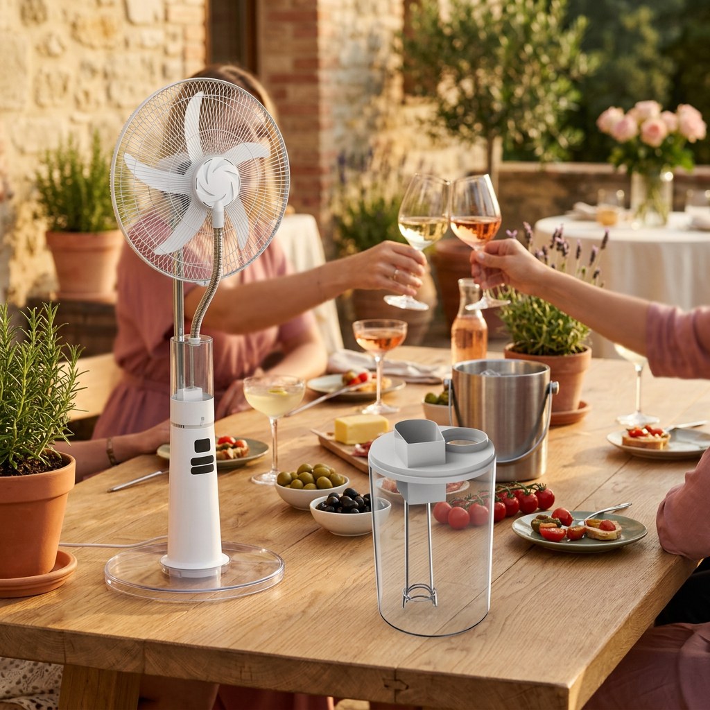 Le ventilateur colonne au premier plan sur une table de terrasse