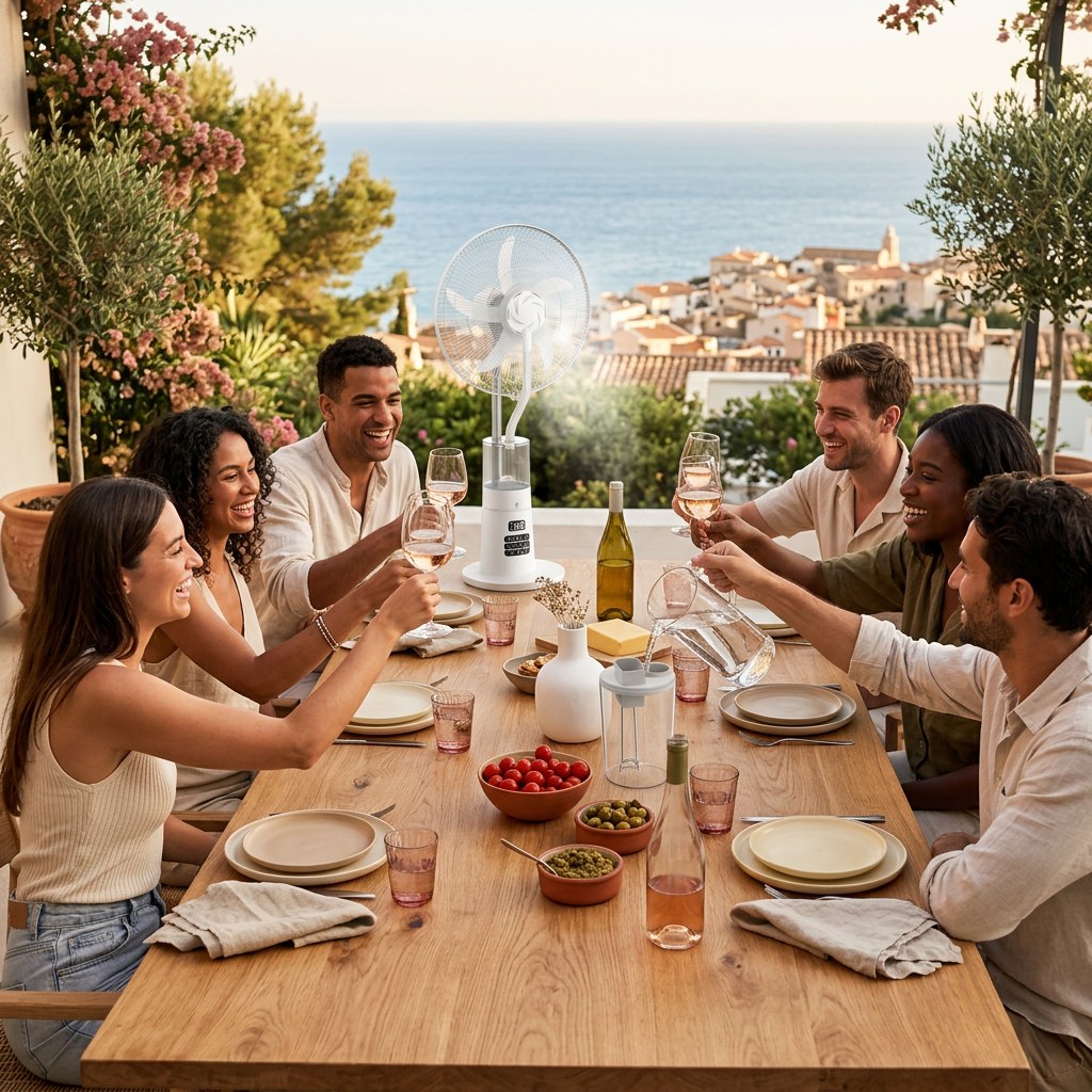 Tablée en terrasse avec Le ventilateur colonne