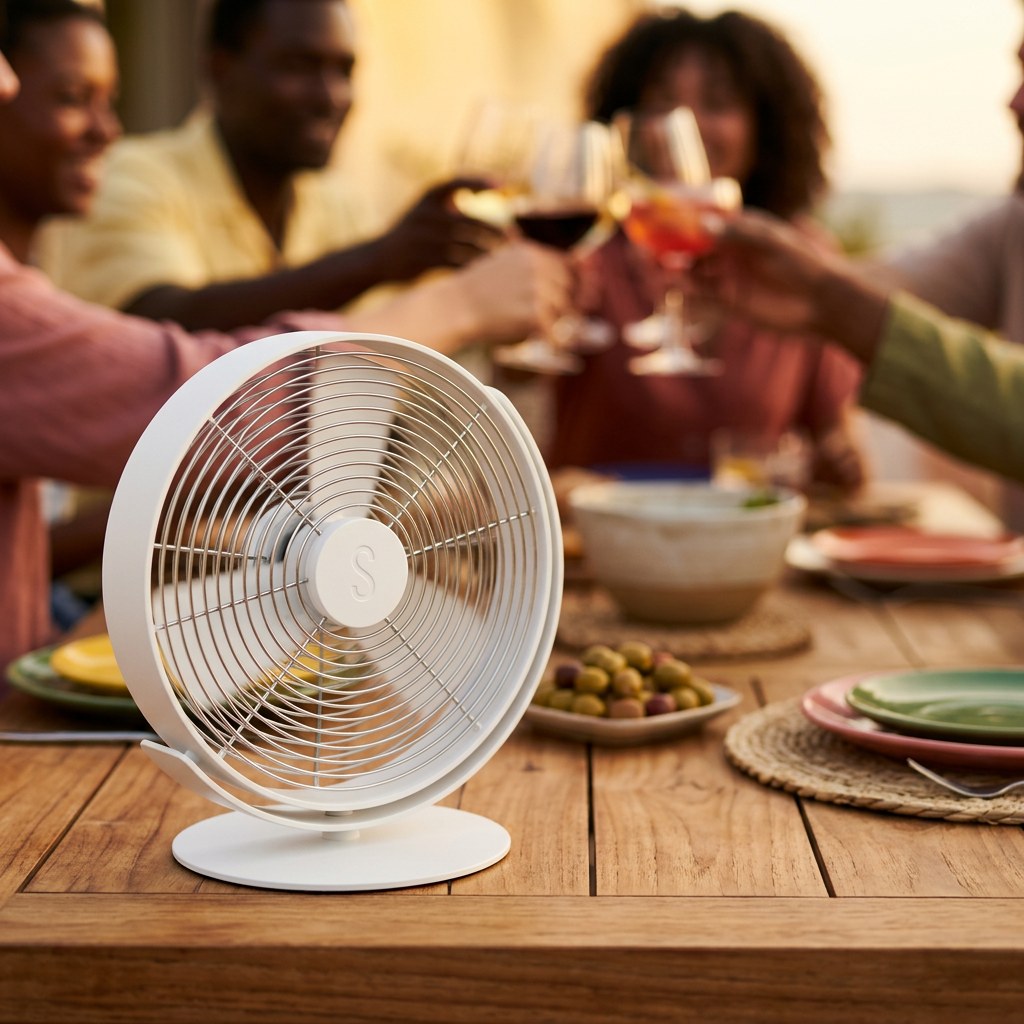 Le ventilateur à lumière douce au premier plan sur une table de terrasse