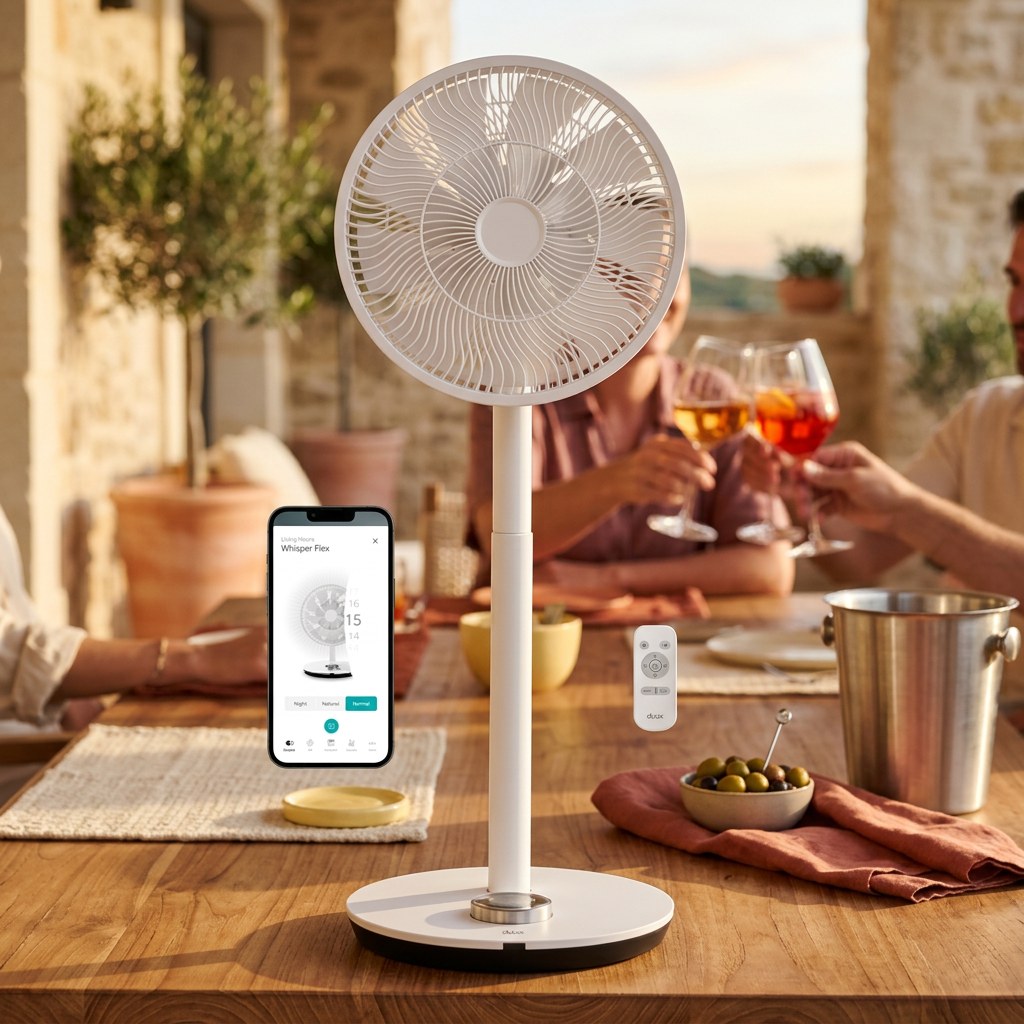 Le ventilateur oscillant au premier plan sur une table de terrasse