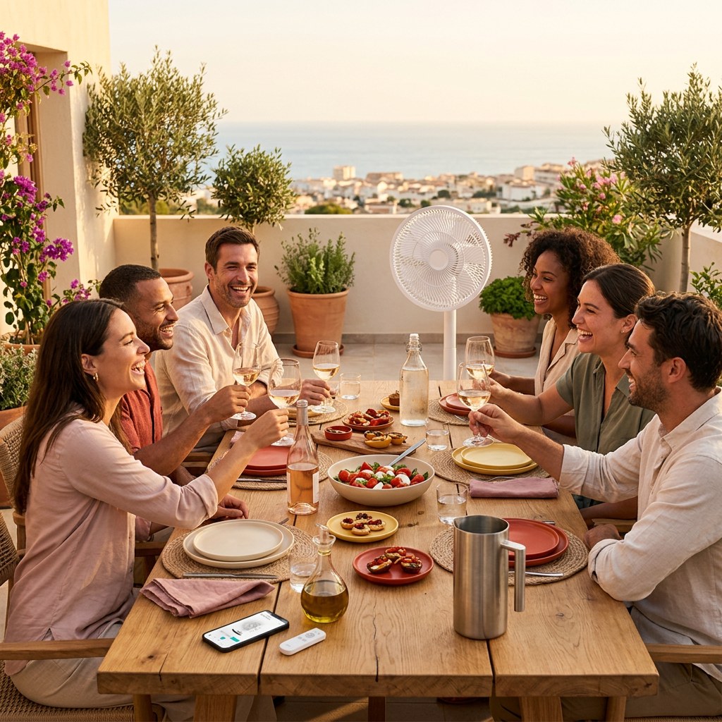 Tablée en terrasse avec Le ventilateur oscillant