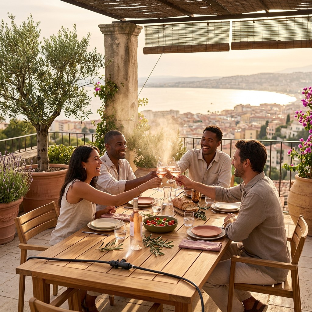 Tablée en terrasse avec Le ventilateur outdoor IPX4