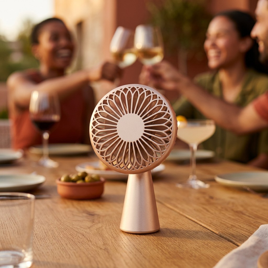 Le ventilateur pliable au premier plan sur une table de terrasse