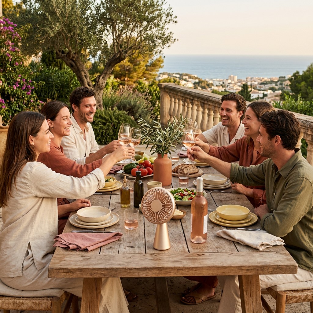 Tablée en terrasse avec Le ventilateur pliable