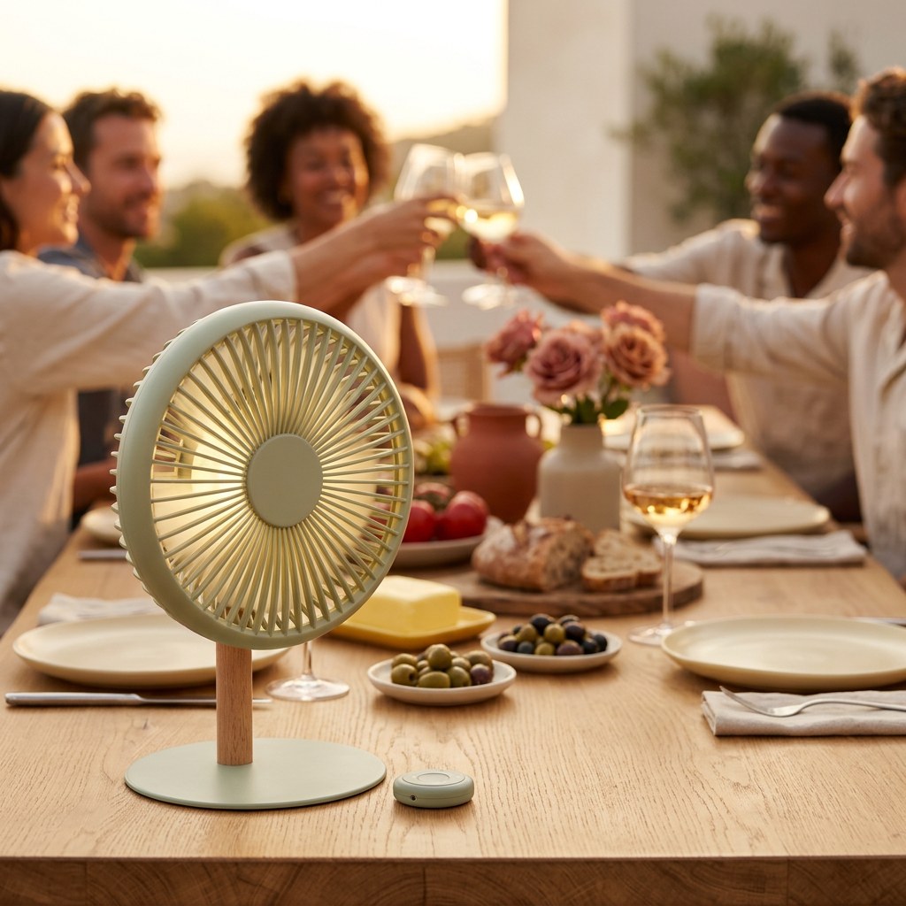 Le ventilateur sauge au premier plan sur une table de terrasse