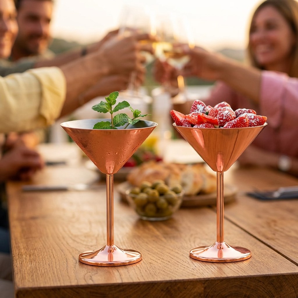 Le verre Martini inox au premier plan sur une table de terrasse