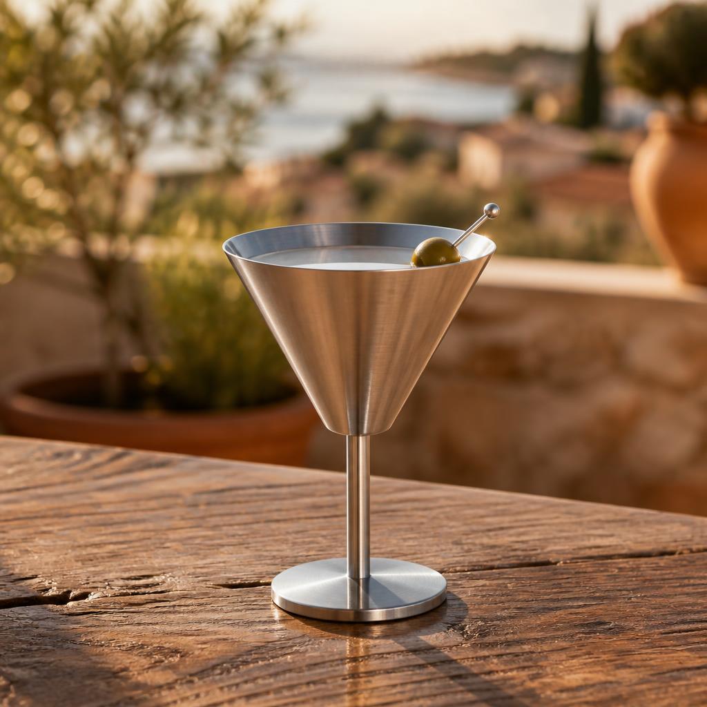 Le verre Martini inox — Inox brossé en situation — Le cocktail qui ne finit pas en morceaux.