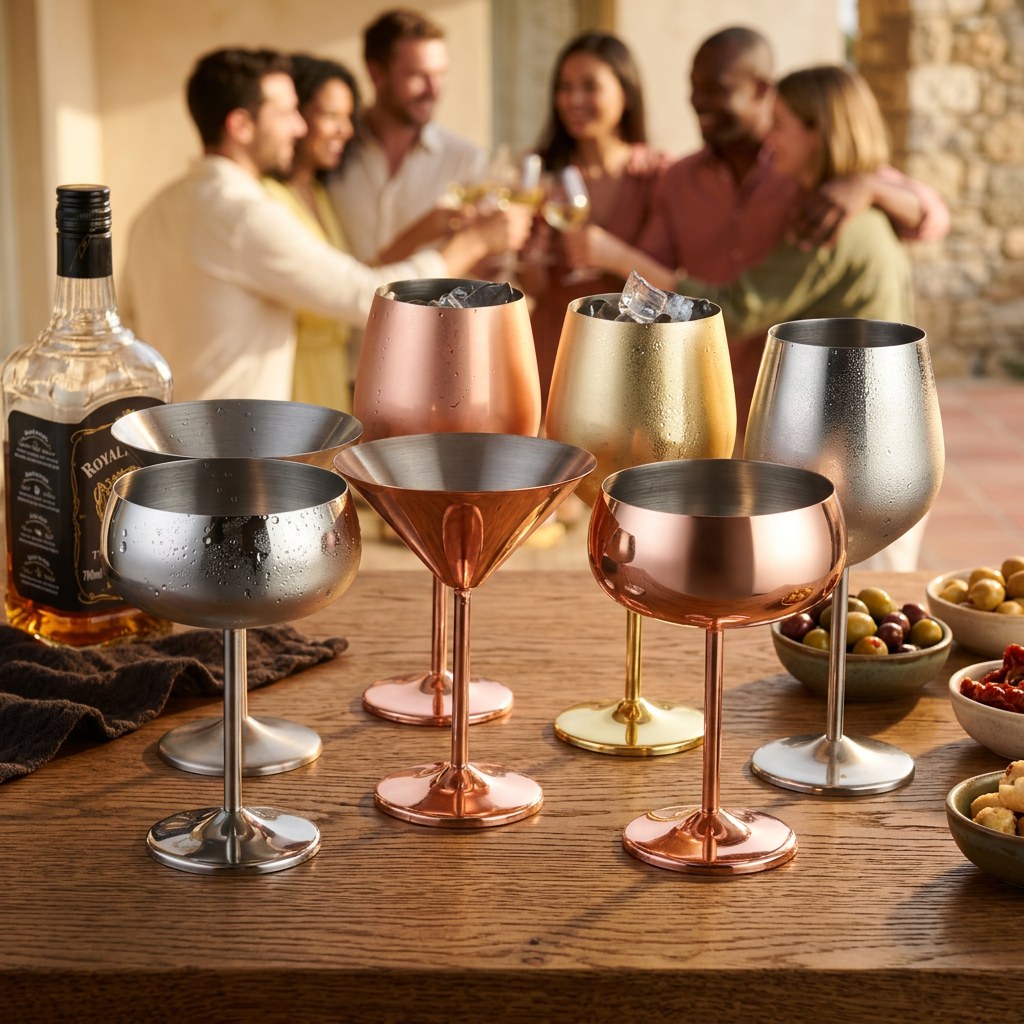 Le verre à vin inox doré au premier plan sur une table de terrasse
